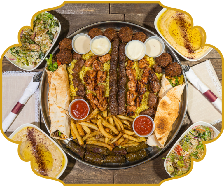 Family sharing tray at That Lebanese Place, a large platter of mixed grills, falafel, warak enab, fries, dips, wraps, rice, salads, and sauces