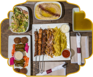 Meal for two at That Lebanese Place, a full spread of 10 Lebanese favorites kababs, falafel, warak enab, baba ghanoush, salad, lentil soup, and more