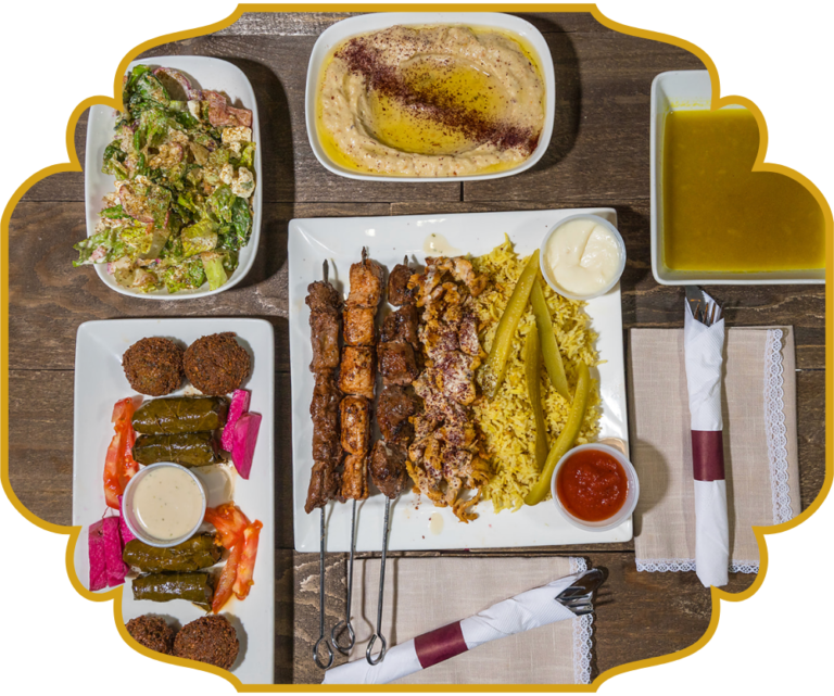 Meal for two at That Lebanese Place, a full spread of 10 Lebanese favorites kababs, falafel, warak enab, baba ghanoush, salad, lentil soup, and more